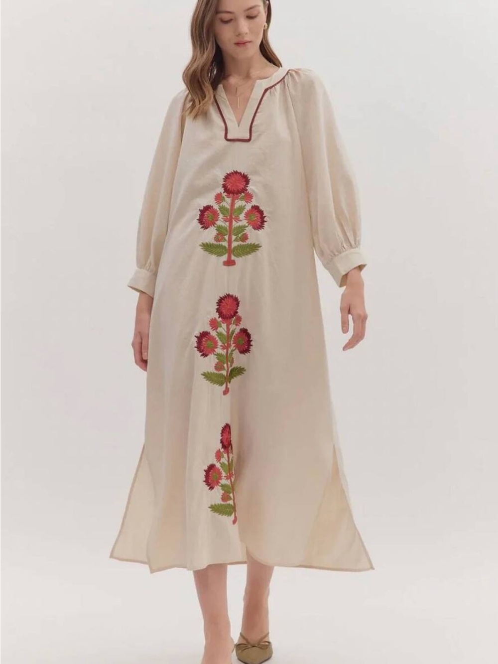 Umgee Cream Maxi Dress with Red Floral Embroidery